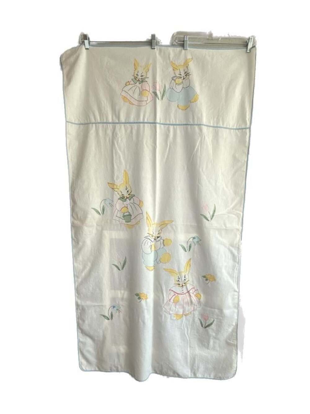 Vintage Hand Embroidered Bunny Rabbit Tablecloth or Dresser Scarf